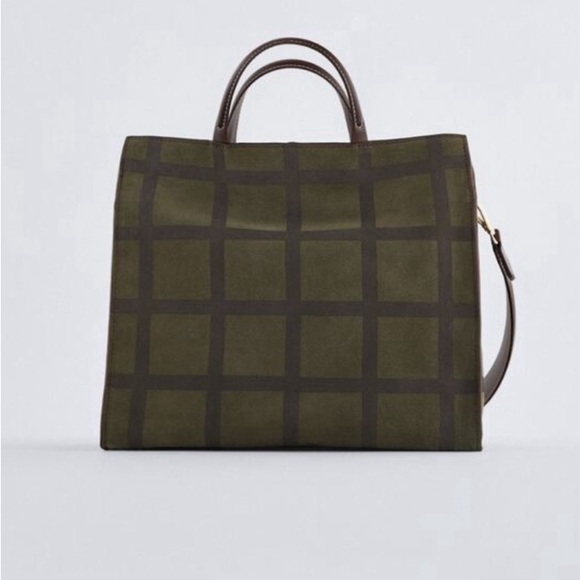 Zara Handbags - Zara check split suede square 2way satchel/tote green